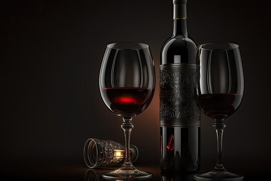 A classy red wine glass and black wine bottles against a dark background. Generative AI