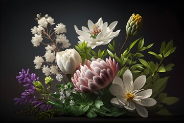 A bouquet of flowers with a green leaf and a white flower in the middle made with generative AI