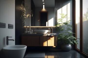 A modern bathroom with a large window made with generative AI