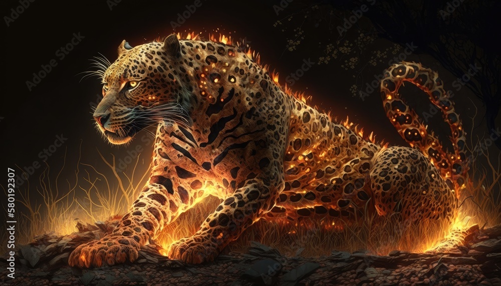 Wall mural portrait of a leopard full of smoke and fire. created with generative ai.