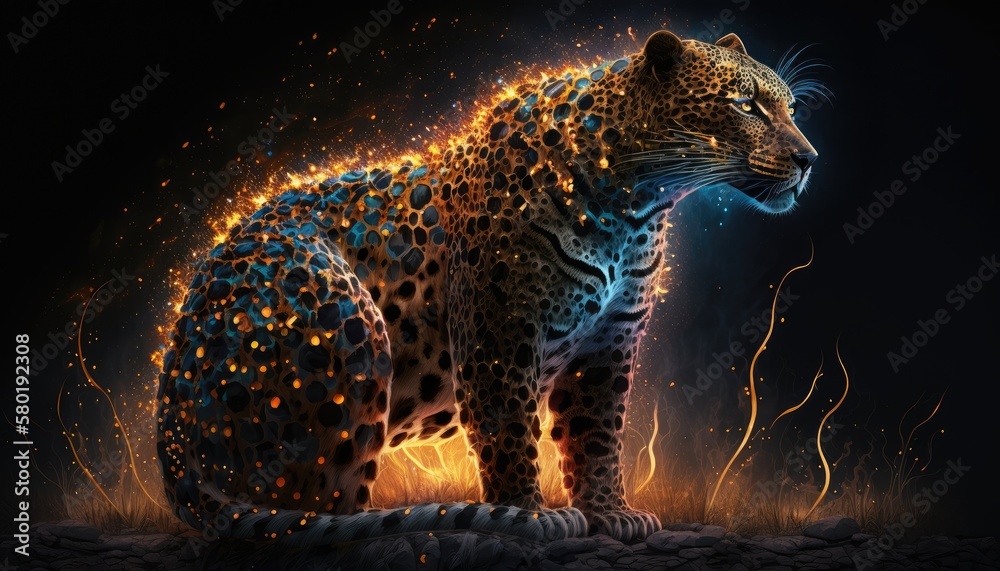Poster portrait of a leopard full of smoke and fire. created with generative ai.
