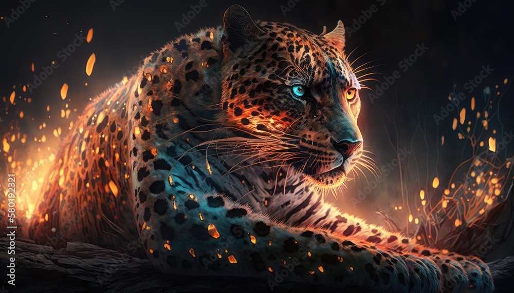 Wall mural portrait of a leopard full of smoke and fire. created with generative ai.
