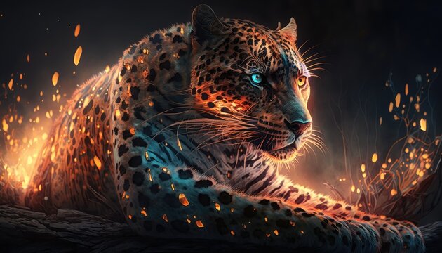 Portrait of a leopard full of smoke and fire. Created with Generative AI.
