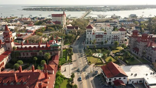 Aerial view of St. Augustine, Florida with forward camera motion. Founded in 1565, it is the oldest continuously inhabited European-established settlement in what is now the contiguous United States.