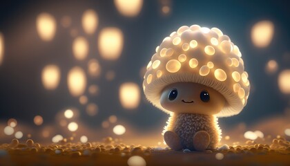 adorable cute mushroom glowing in a forest big bright. Created with generative AI.