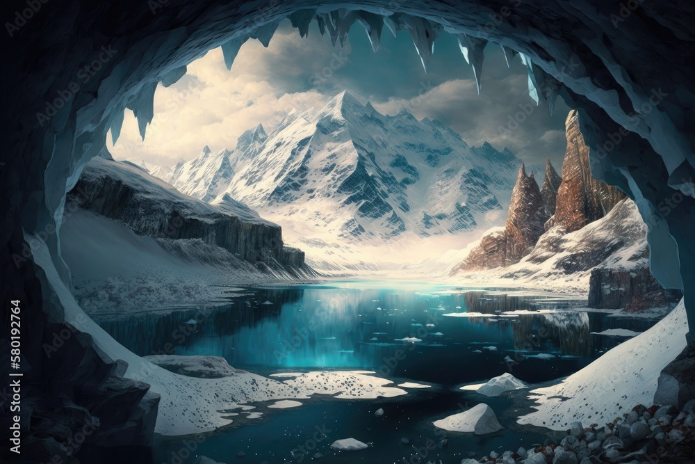 Poster a frozen cavern with a crystal-clear lake in the center, surrounded by steep cliffs and snow-capped mountains., created with generative ai