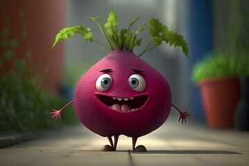 Funny beetroot cartoon character. Generative AI.