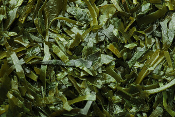 Fresh laminaria (kelp) seaweed as background, top view - obrazy, fototapety, plakaty