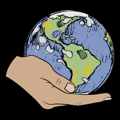 Human hand holding planet Earth. Creative environmental concept. On black background.