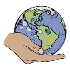 Human hand holding planet Earth. Creative environmental concept. Isolated vector illustration.
