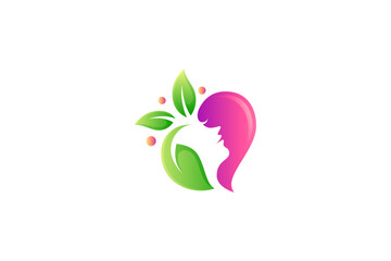 Woman beauty love logo with natural green leaf combination in minimalistic design