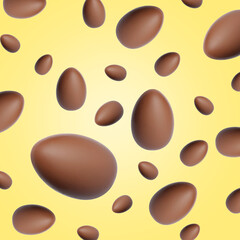 Many chocolate eggs falling on pale light yellow background