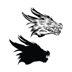 black and white dragon head isolated on white background