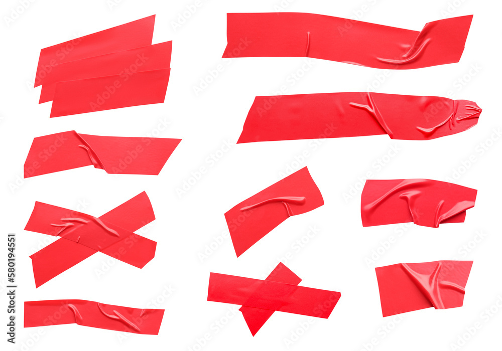 Sticker Collage with pieces of red insulating tape on white background