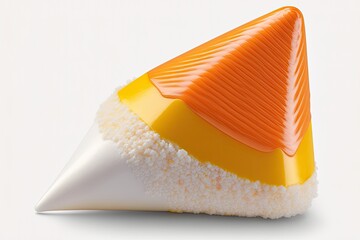 On a white background, a single candy corn. Commonly distributed on October 31 as a treat. Generative AI