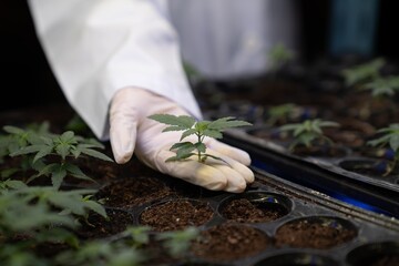 Hand wearing rubber glove holding gratifying baby cannabis plant in soil tray at curative cannabis...