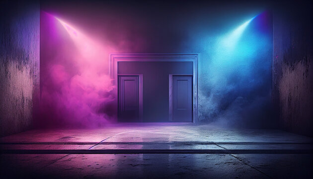 The dark stage shows empty dark blue purple pink background Ai generated image