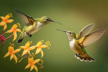 Fototapeta premium Two hummingbirds, one of which is a White tailed Hillstar (Urochroa bougueri), hovering over a ping flower against a green and yellow background in a natural setting in Montezuma, Colombia. Generative