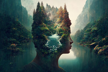 Conceptual illustration depicting a mindfulness journey. An immersive experience promoting wellness with an idyllic spring garden mountain scene. - obrazy, fototapety, plakaty