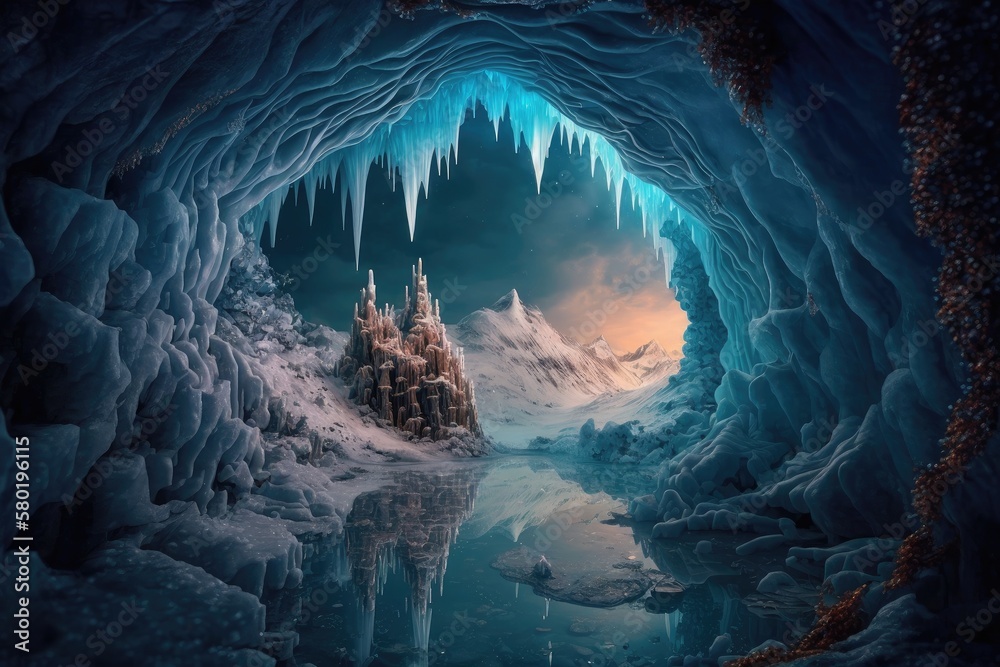 Canvas Prints a frozen cavern with a shimmering lake and icy stalactites, creating a magical winter wonderland., created with generative ai