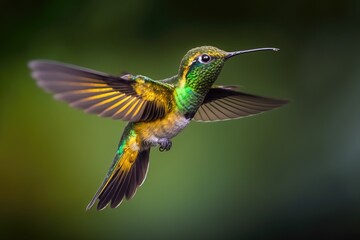Fototapeta premium Hummingbird, Golden bellied Starfrontlet (Coeligena bonapartei), with long golden tail, stunning action flight scenario with wide wings, clean green background, Chicaque Natural Park, Colombia. This k