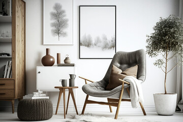 Design armchair, blank mock up poster frame, personal accessories make up this chic Scandinavian composition of a living room in a contemporary, generative AI