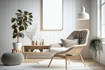 Design armchair, blank mock up poster frame, personal accessories make up this chic Scandinavian composition of a living room in a contemporary, generative AI