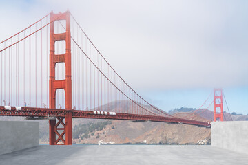 San Francisco Skyline Golden Gate bridge. Beautiful landmark. Day time. Empty rooftop View. Success concept.