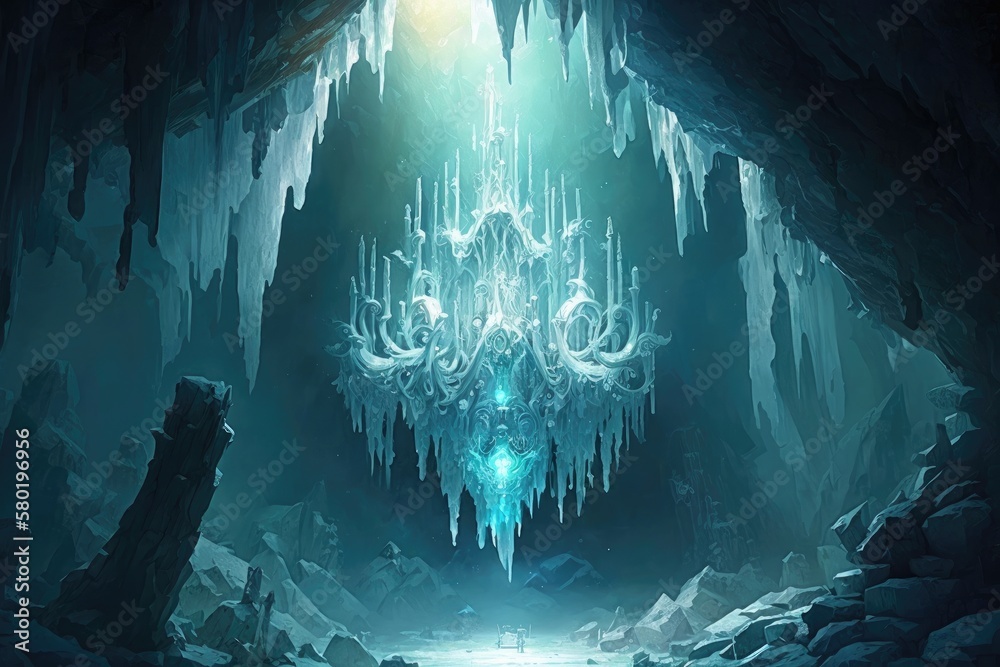 Sticker a frozen cavern with a glittering ice crystal chandelier, illuminating the space., created with gene