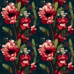 Seamless pattern with red flowers. Generated AI, edited in Photoshop