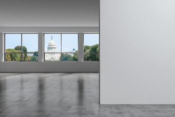Fototapeta na wymiar Empty room Interior View to Capitol Dome Cityscape Washington City Skyline Window background. Beautiful Real Estate. White mockup wall. Day time. 3d rendering.