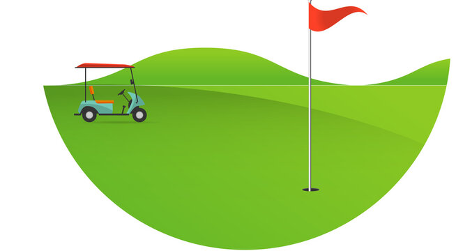 Background of golf field beautiful landscape,Golf hole banner vector green tree background illustration with golf cart flag and trees