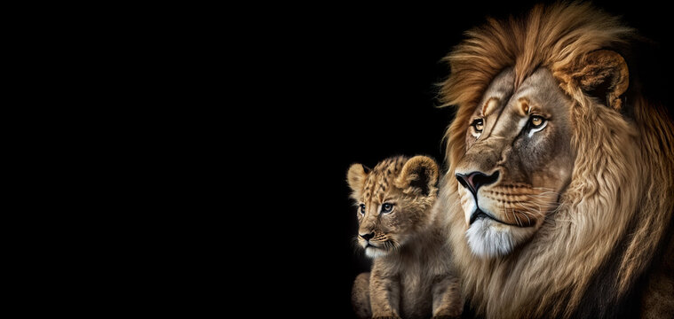 Male lion and baby cub portrait on black background.  Image created with generative ai.