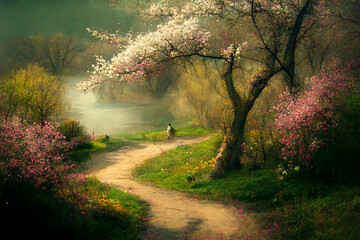 A picture of spring. Tranquil scene depticting new life in spring with lush blossoms in relaxed natural setting.