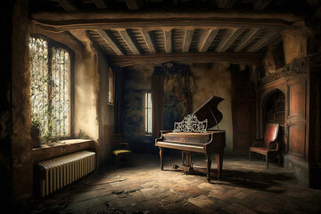 Fototapeta na wymiar A piano in an old castle room - generative ai