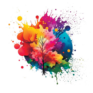 Tree of life. Bright colorful watercolor stain splash splatter brush stroke on white background. Modern vibrant aquarelle spot. Modern isolated design on white Element Vector watercolor illustration