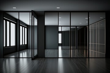 Front view of a vacant office space with a blank black wall, glass doors and walls, a polished wooden floor, and dark dividers. Generative AI