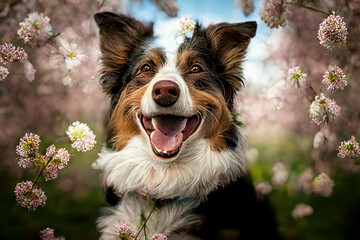 A happy dog in spring surrounded by flowers. Concept illustration.