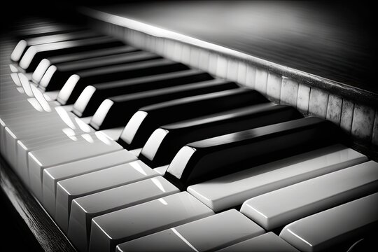 Close up of a black and white piano keyboard, aimed at a musician. Generative AI