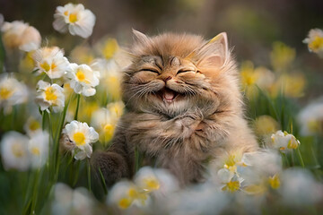 Naklejka na ściany i meble A happy cat in spring surrounded by flowers. Concept illustration