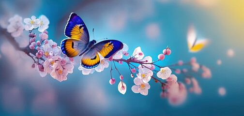 Obraz na płótnie Canvas Beautiful butterfly in flight and branch of flowering apricot tree on light blue and violet background macro. Elegant artistic image nature. Banner format, copy space. by ai generative
