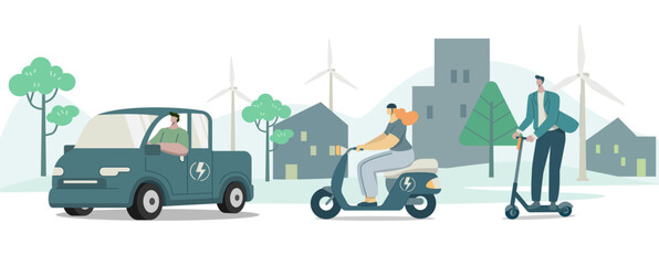Set of Eco friendly alternative ecological transportation, People choose riding to travel with vehicles, 
electric pickup, motorcycles, scooter, Environmental care concept, Vector design illustration.