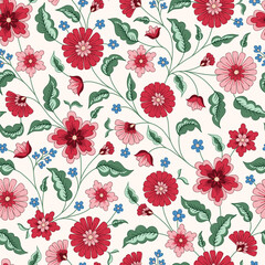 Indian Trailing Flowers Vector Seamless Pattern. Cottagecore Chintz Floral on White Background. Delicate Summer Boho Print - 580201769