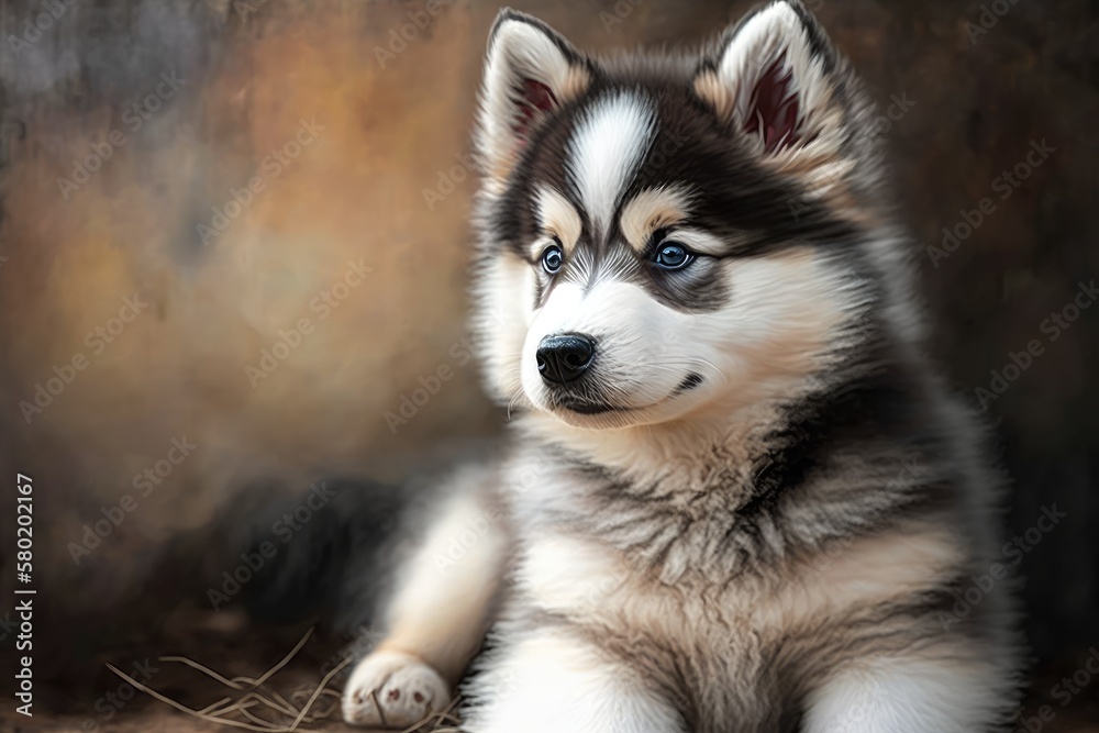 Wall mural Portrait of a fluffy husky puppy in the yard. Thoroughbred Canis siberianus. Generative AI