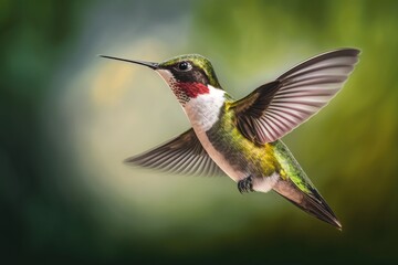 Fototapeta premium In the skies, a male Ruby throated Hummingbird is circling around. Chatham Kent, Ontario, Canada; specifically, the Rondeau Provincial Park. Generative AI