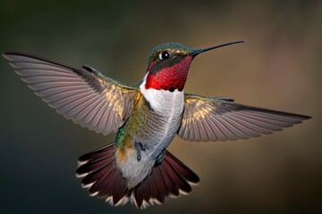 Fluttering male Ruby throated Hummingbird. Generative AI