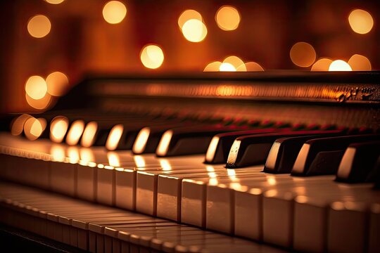 Close up of a piano keyboard with a fuzzy candlelight background. Decorate your walls with musical instruments. Generative AI
