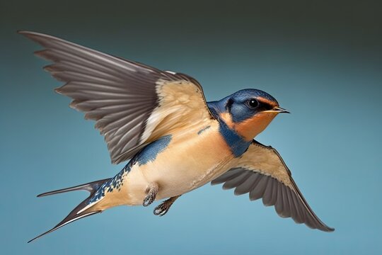 A picture of a barn swallow (rustica hirundo) flying against a blue background. Generative AI