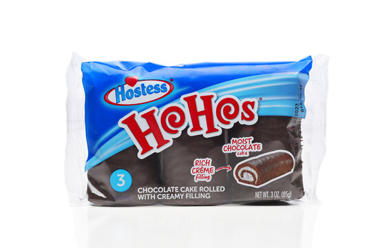 IRVINE, CALIFORNIA - 11 MAR 2023: A package of Hostess Ho Hos, a chocolate cake rolled with rich Creme Filling.