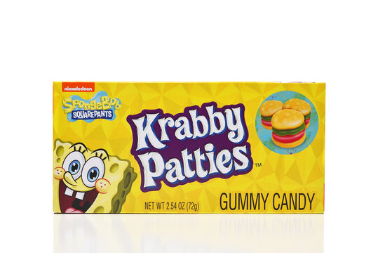 IRVINE, CALIFORNIA - 11 MAR 2023: A box of Krabby Patties Gummy Candy, from Nickelodeon and Sponge Bob Square Pants